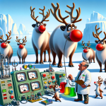 DALL·E 2023-12-24 10.24.09 - A humorous and exaggerated scene depicting a group of cartoonish reindeer, including one resembling Rudolph with a red nose, at the North Pole. They a