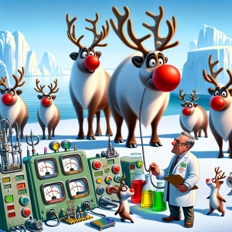 DALL·E 2023-12-24 10.24.09 - A humorous and exaggerated scene depicting a group of cartoonish reindeer, including one resembling Rudolph with a red nose, at the North Pole. They a