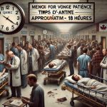 Salle d’urgence surpeuplée au Québec avec des patients entassés sur des civières dans les couloirs. Des médecins et infirmiers exténués tentent de gérer la situation. Une grande horloge murale affiche un temps d’attente excessif. Une pancarte sarcastique indique : « Merci de votre patience - Temps d'attente approximatif : 18 heures ». L’éclairage tamisé renforce l’atmosphère de frustration et de désespoir.
