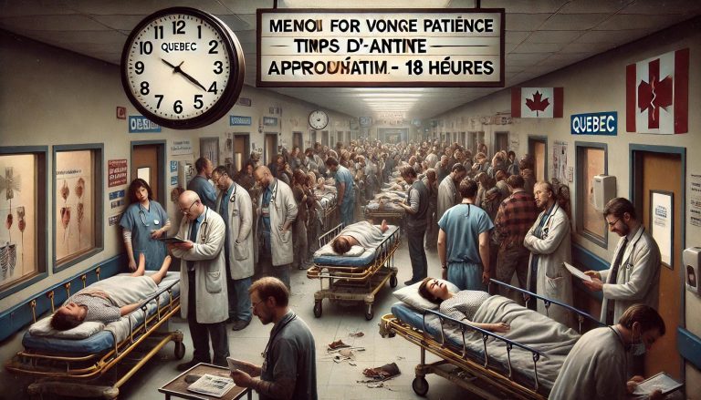 Salle d’urgence surpeuplée au Québec avec des patients entassés sur des civières dans les couloirs. Des médecins et infirmiers exténués tentent de gérer la situation. Une grande horloge murale affiche un temps d’attente excessif. Une pancarte sarcastique indique : « Merci de votre patience - Temps d'attente approximatif : 18 heures ». L’éclairage tamisé renforce l’atmosphère de frustration et de désespoir.