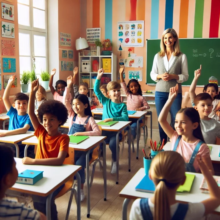 DALL·E 2025-02-06 06.22.43 - A vibrant classroom scene with diverse primary school children sitting at desks, eagerly raising their hands to ask a question. The classroom is color