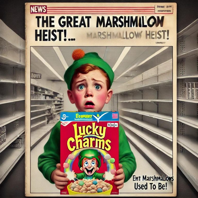 Un enfant choqué tenant une boîte de céréales Lucky Charms sans guimauves, avec une expression de déception. En arrière-plan, une allée de supermarché avec des étagères vides là où les guimauves devraient être. Une une dramatique annonce 'The Great Marshmallow Heist!'