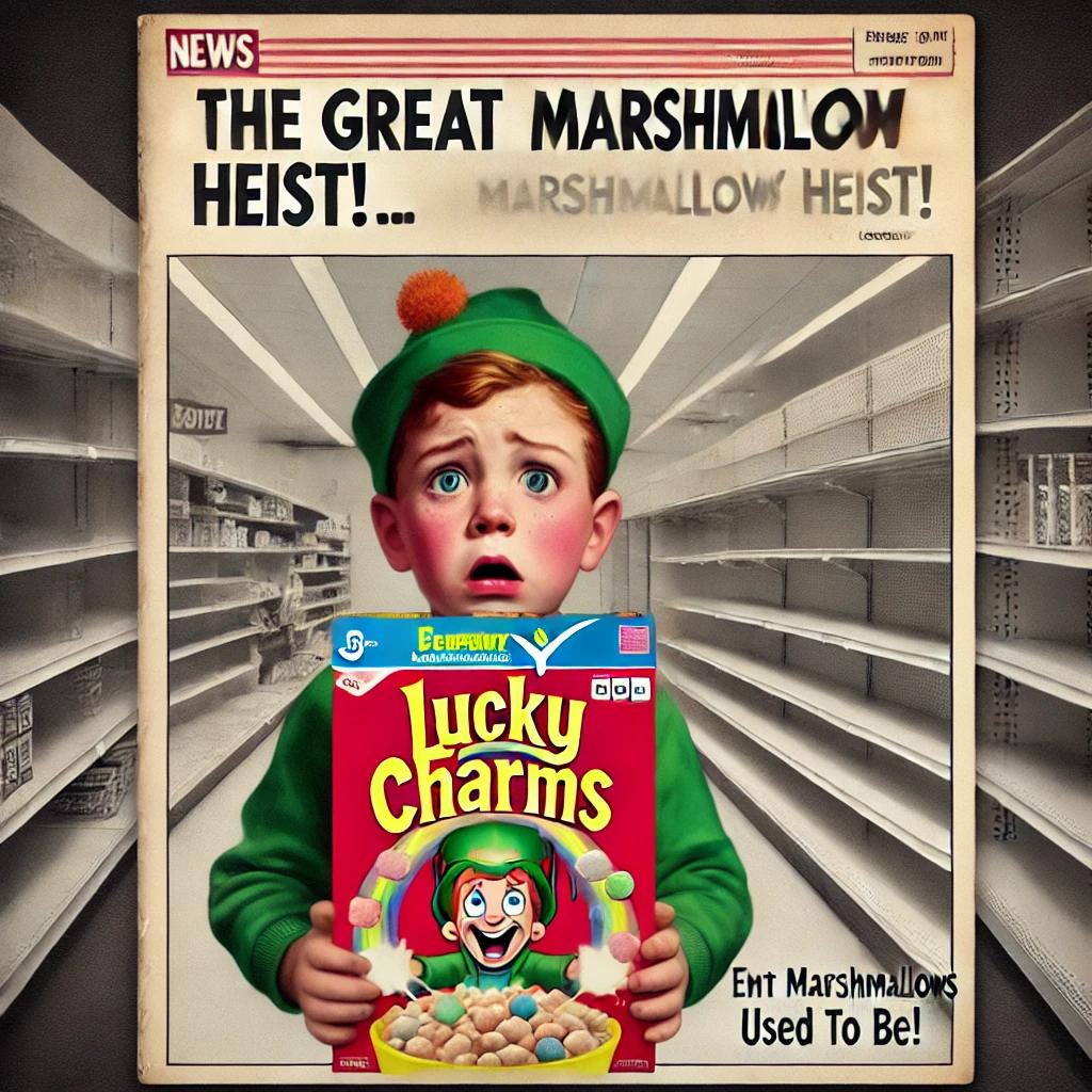 Un enfant choqué tenant une boîte de céréales Lucky Charms sans guimauves, avec une expression de déception. En arrière-plan, une allée de supermarché avec des étagères vides là où les guimauves devraient être. Une une dramatique annonce 'The Great Marshmallow Heist!'