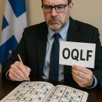 Inspecteur de l’OQLF assis à un bureau, tenant un panneau avec l’inscription OQLF et examinant un cahier de sudoku rempli de chiffres arabes, avec le drapeau du Québec en arrière-plan.