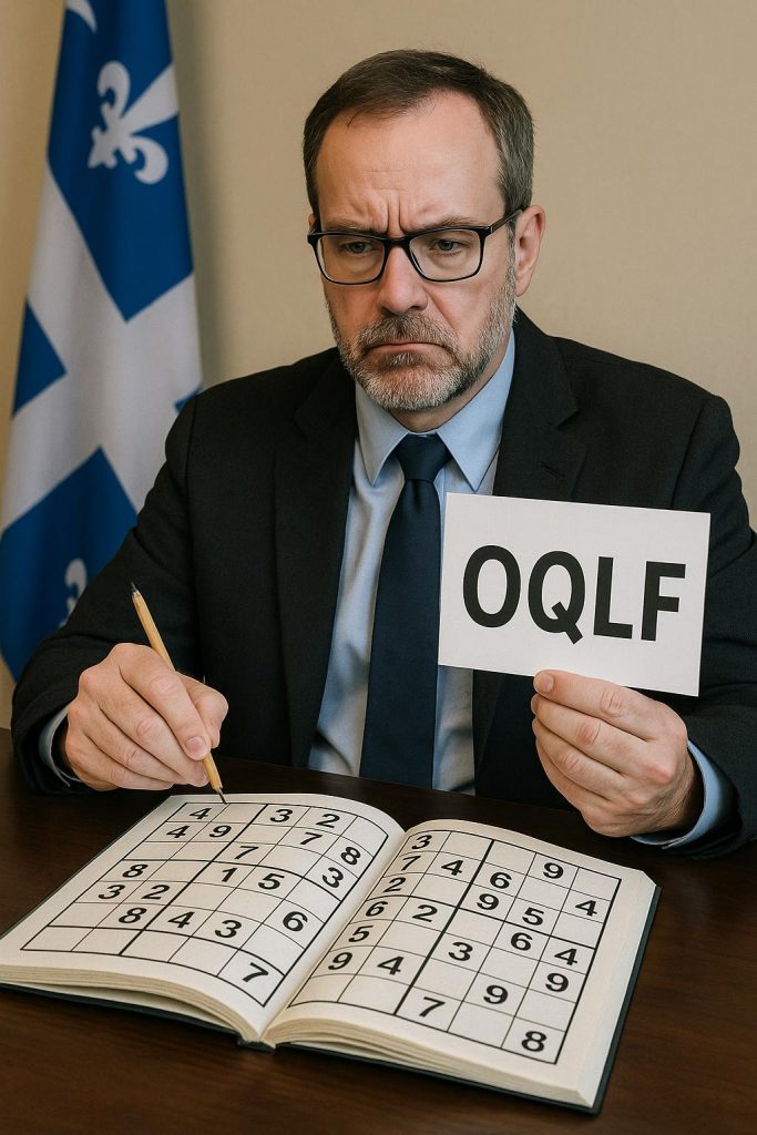 Inspecteur de l’OQLF assis à un bureau, tenant un panneau avec l’inscription OQLF et examinant un cahier de sudoku rempli de chiffres arabes, avec le drapeau du Québec en arrière-plan.